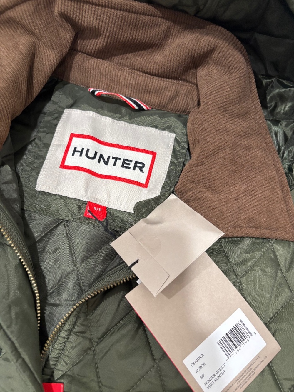NWT Hunter Alison Quilted Barn Jacket S Hunter Green Corduroy Collar Hood